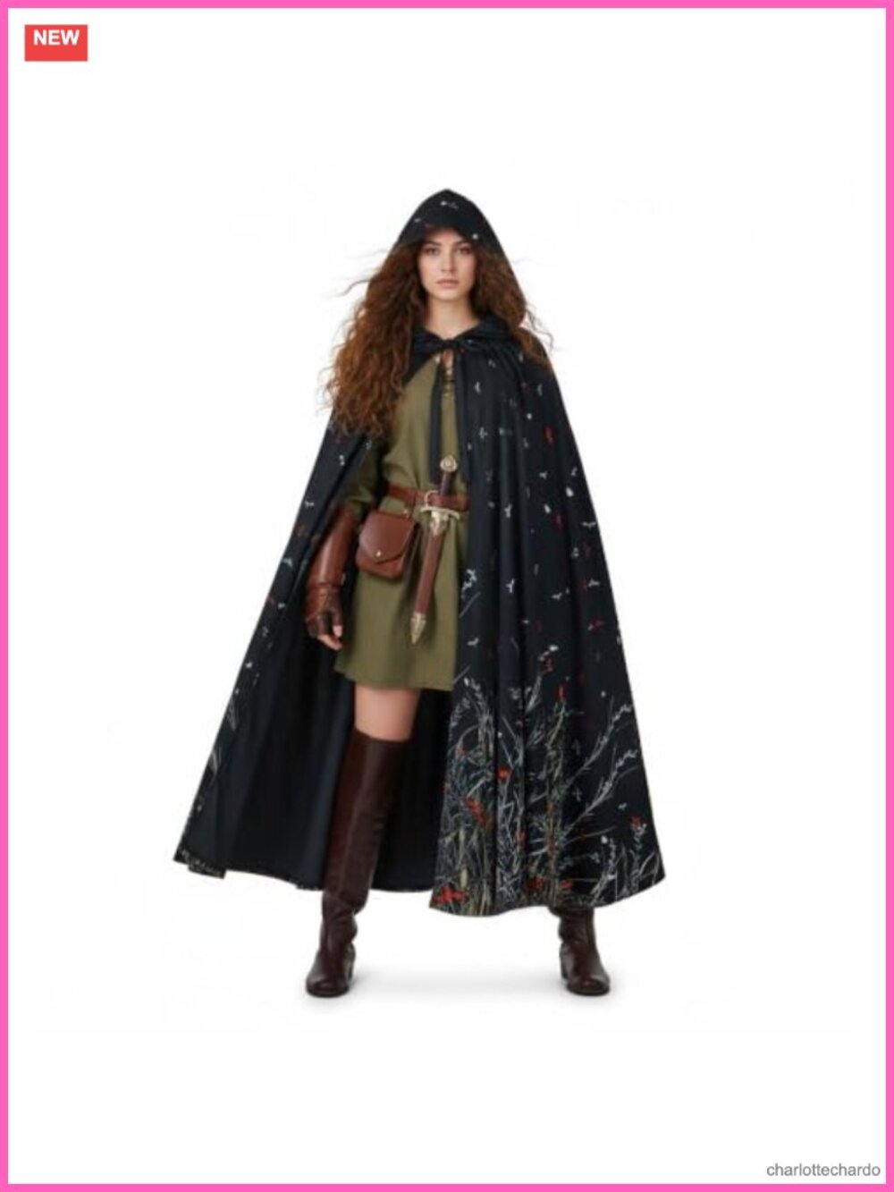 Velvet Printed Hooded Cloak Renaissance Cape with Hood Medieval Cosplay